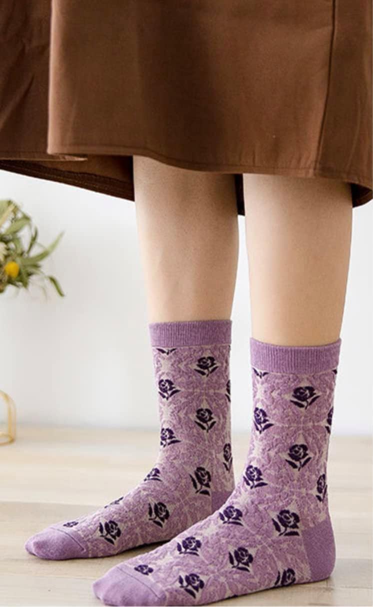 MarJunSep Cute Floral Crew Socks for Women Teen Girls Flower Cottagecore Frilly Vintage Fancy Cotton Socks - Image 3